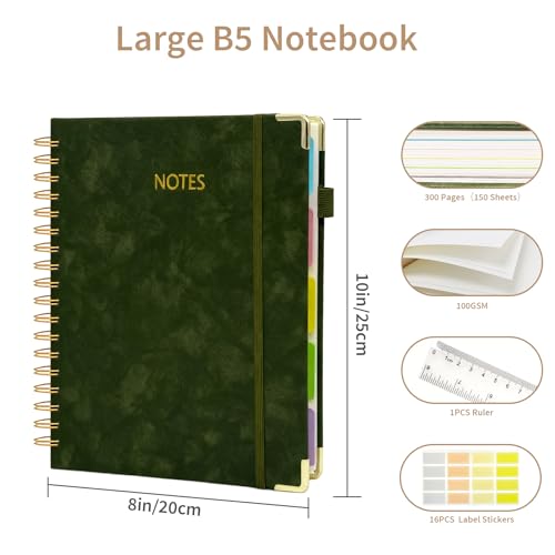 biguphate 1Pack Hardcover Spiral Notebook with Tab, Ruler & Removable Dividers, 300 Pages 8"x10" Large B5 Faux Leather Notebooks, 5 Subject Notebook College Ruled for Work, Home (Green) - color: 1PACK-Green