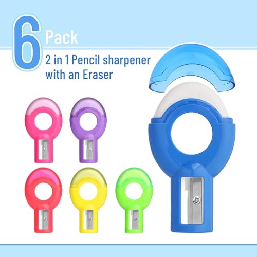 Mr. Pen- Manual Pencil Sharpener & Eraser, 6 Pack, 2-in-1 Manual Sharpeners | Multicolored Sharpener with Eraser Fun Stationery Back to School Supplies, Classroom Rewards, Birthday Party Favors