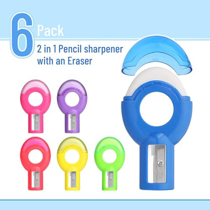 Mr. Pen- Manual Pencil Sharpener & Eraser, 6 Pack, 2-in-1 Manual Sharpeners | Multicolored Sharpener with Eraser Fun Stationery Back to School Supplies, Classroom Rewards, Birthday Party Favors