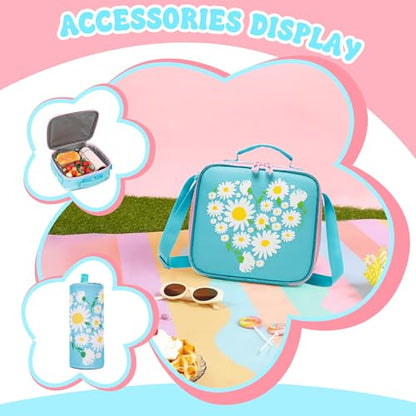 Girls Rolling Backpack Kids Backpacks with Wheels Travel Luggage for Elementary School Bookbag with Wheels Backpacks for Girls with Lunch Bag Set - color: Pink Blue Flower
