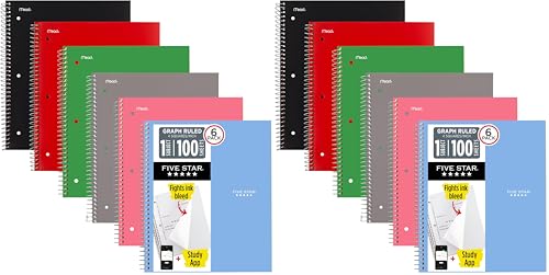 Five Star Spiral Notebook + Study App,1 Subject,Graph Ruled Paper,8-1/2" x 11",100 Sheets,Fights Ink Bleed,Water Resistant Cover,Assorted Colors (73549),6 Count (Pack of 2) - size: 6 Count (pack of 2)