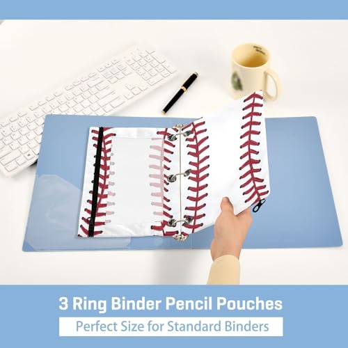 Kcldeci Pencil Pouch for 3 Ring Binder, Red Baseball Pattern 2 Pack Binder Pencil Pouch with Clear Window Pencil Bags with Zipper Pencil Case for Binder - color: A04