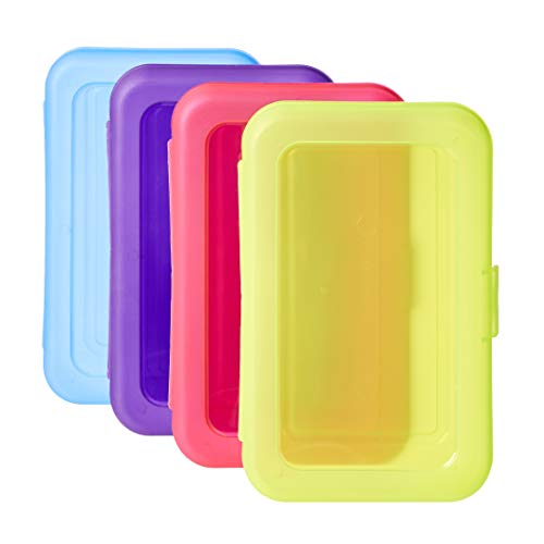 Amazon Basics 4-Pack Large Pencil Cases, Storage Organizer, Durable Plastic School Supply Box, Multi-Color Student Organization for Office, College & Classroom Supplies - size: 4-Pack