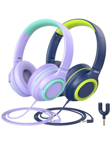 iClever 2Pack Kids Headphones with Sharing Splitter - 85dBA Safe Volume Limited - HS22 Wired Headphones for Kids Teens, Tangle-Free 3.5mm Jack Foldable Stereo Headphone for School/Tablet/Travel - color: Purple & Green