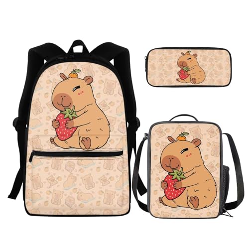 BIGCARJOB Capybara School Bags Set for Kids Girls Large Backpack Back to School Bookbags Set with Lunch Box and Pencil HolderTeens College Student Casual Daypack - color: Capybara Print, size: One Size