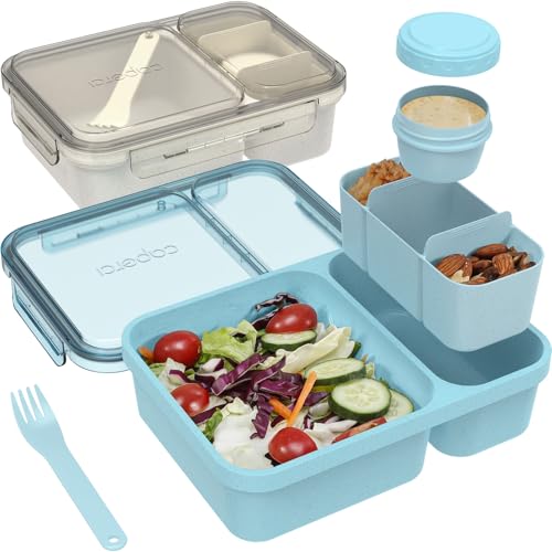 Caperci 2 Pack Salad Containers - Extra-Large 62 oz Bento Lunch Box for Adults, 2-Compartment Meal Prep Container with Removable Toppings Tray, Sauce Cup, Reusable Fork, BPA-Free (Blue & Tofu) - color: Light Blue & Tofu