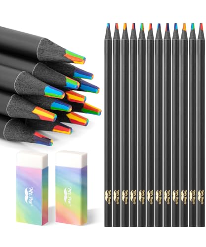 Mr. Pen- Rainbow Pencils, 12 Pack | 7-in-1 Multi-Color Fun Colored Pencils with 2 Erasers, Vibrant Drawing and Coloring Pencils for Kids, Party Favors, School - size: 12 pcs+2 Pencil Erasers