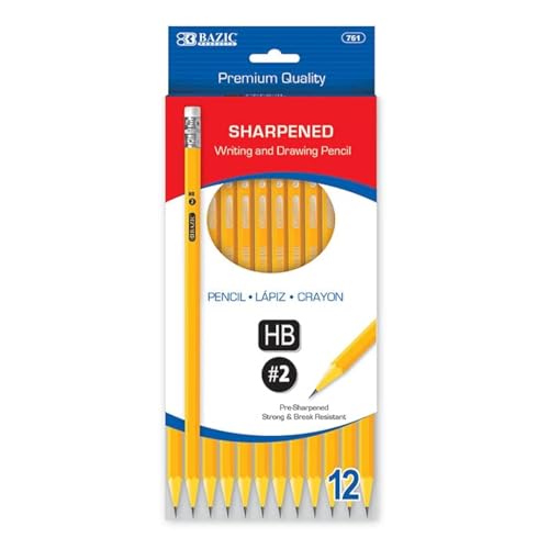BAZIC Pencil Wood Pre-Sharpened Pencil #2 HB, Latex Free Eraser Yellow Pre Sharpened Pencils for Exam Sketching School Office (12/Pack), 1-Pack | HB graphite, pre-sharpened wood barrel, classroom, tests, homework, standardized exams, daily writing - size: