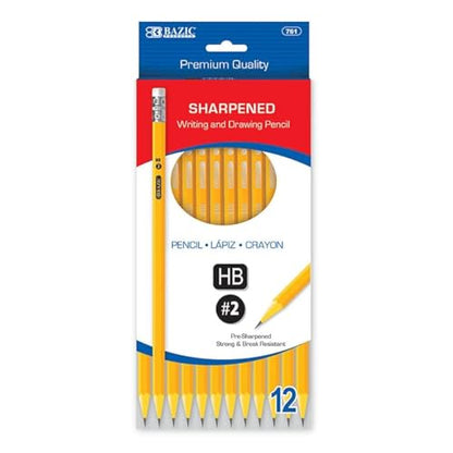 BAZIC Pencil Wood Pre-Sharpened Pencil #2 HB, Latex Free Eraser Yellow Pre Sharpened Pencils for Exam Sketching School Office (12/Pack), 1-Pack | HB graphite, pre-sharpened wood barrel, classroom, tests, homework, standardized exams, daily writing - size: