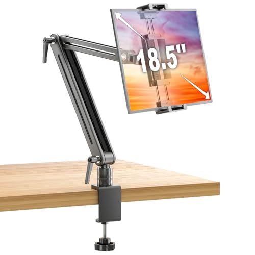 Jakeko Adjustable Portable Monitor Stand 15.6" - 360° Rotating Base Tall Tablet Desk Arm Holder Stand for iPad Air/Pro/Mini Swivel Flexible Clamp Mount Soporte para Tablet/Monitor Portatil/Ereader - size: up to 18.5"