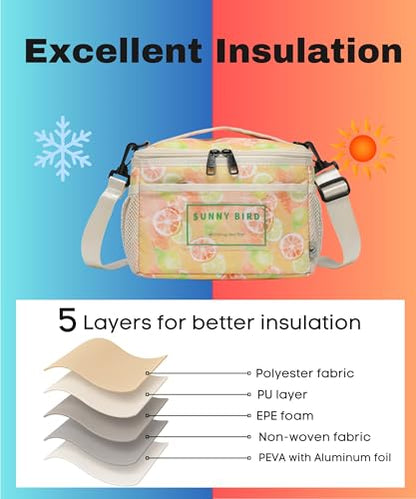SUNNY BIRD Foldable Insulated Lunch Bag Leakproof Thermal Lunch Box for Women Men Teen with Shoulder Strap (Grapefruit Pink) - color: Grapefruit Pink