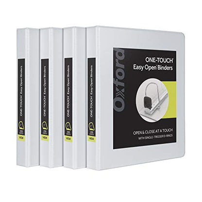 Oxford 3 Ring Binders, Binders for School and Office, 1 Inch ONE-Touch Easy Open D Rings, 3-Sided View Binder Covers, Xtralife Hinge, Non-Stick, PVC-Free,White, 250-Sheet Capacity, 4 Pack (79904) - size: 1 Inch