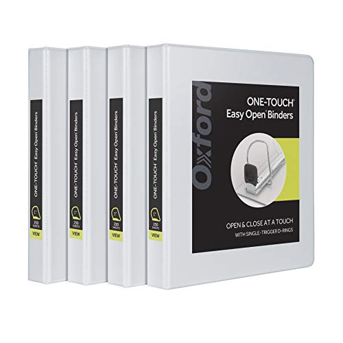 Oxford 3 Ring Binders, Binders for School and Office, 1 Inch ONE-Touch Easy Open D Rings, 3-Sided View Binder Covers, Xtralife Hinge, Non-Stick, PVC-Free,White, 250-Sheet Capacity, 4 Pack (79904) - size: 1 Inch