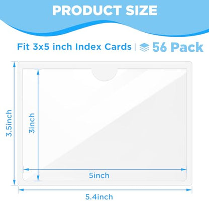56 Pack Clear Self-Adhesive Pockets, 3" x 5" Index Card Pockets with Top Open Loading, PVC Label Holders for Organizing Storage Bins, Library Card, Drawer, and Protecting Your Cards - size: 3" x 5", style: 56 Pack