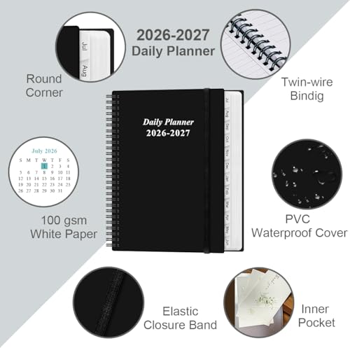 Daily Planner 2026-2027 Full Page Per Day- 2026-2027 Daily & Monthly Planner from July 2026 to June 2027, Day Planner 2026-27 with 12 Months Tabs, 8.5" x 11", Black - color: Black, size: 8.5" x 11"