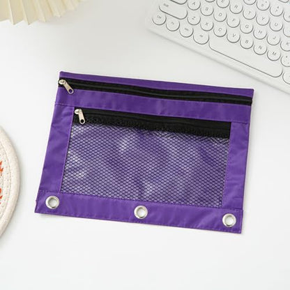 Pencil Pouch for 3 Ring Binder - 3 Hole Zipper Pen Case Bag Holder Bulk Accessories Clear Window Aesthetic Organizer Pockets - color: Purple