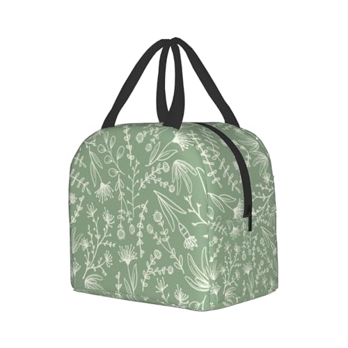 Nerxy Sage Green Insulated Lunch Bag Botanical Reusable Lunch Box for Kids Teens Herbs Plants Container Cooler Toddler Tote Bags for Women Men Picnic Travel Work Office - color: Green Botanical