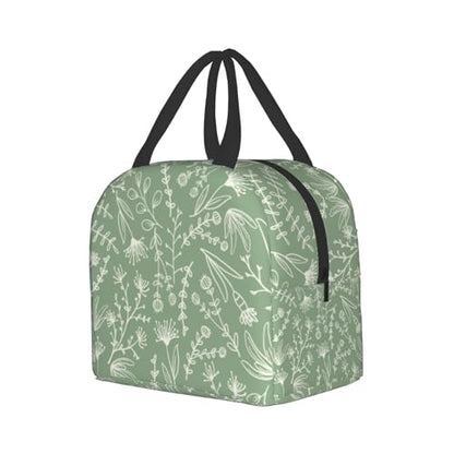 Nerxy Sage Green Insulated Lunch Bag Botanical Reusable Lunch Box for Kids Teens Herbs Plants Container Cooler Toddler Tote Bags for Women Men Picnic Travel Work Office - color: Green Botanical