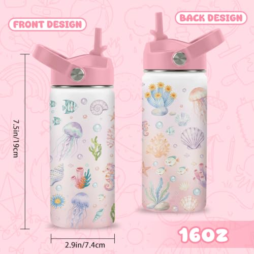 Hiboss Ocean Gifts for Kids, 16oz Pink Girls Water Bottle with Straw Lid, Stainless Steel Insulated Beach Cup Tumbler, Marine Life Lovers Birthday Gifts for School Sport Travel - color: Ocean