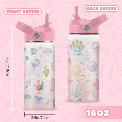 Hiboss Ocean Gifts for Kids, 16oz Pink Girls Water Bottle with Straw Lid, Stainless Steel Insulated Beach Cup Tumbler, Marine Life Lovers Birthday Gifts for School Sport Travel - color: Ocean
