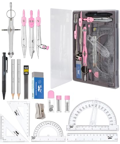 Mr. Pen- Geometry Set, 15 pcs, Pink, 6 Inch Swing Arm Protractor, Divider | Set Squares, Ruler, Compasses and Protractor - color: Pink