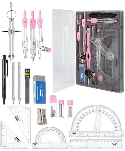 Mr. Pen- Geometry Set, 15 pcs, Pink, 6 Inch Swing Arm Protractor, Divider | Set Squares, Ruler, Compasses and Protractor - color: Pink