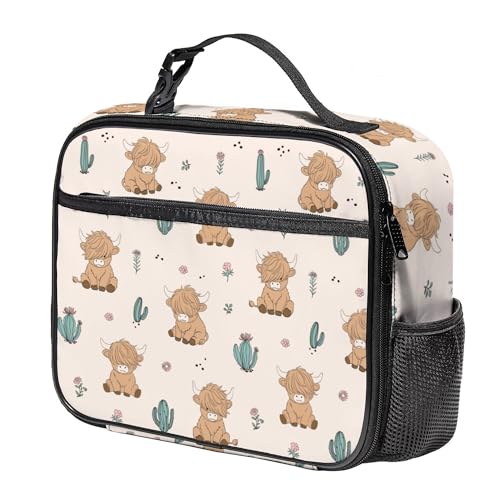 WOBAGMEN Highland Cow Lunch Box for Kids, Cute Insulated Lunch Bag for Boys Girls,Waterproof Lunch Box with Water Bottle Holder for Teens Adults Picnic Travel Back to School (Highland Cow Cactus) - color: Highland Cow Cactus