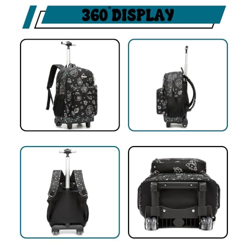 Kids Rolling Backpack for Boys 16.5" School Roller Backpack with Lunch Box, Toddler Backpacks with Wheels Rollig Wheeled Backpacks for Elementary School - color: Black Space