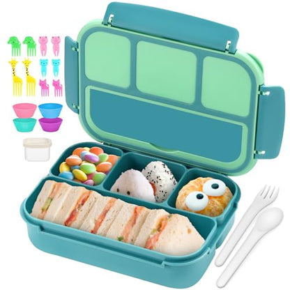 QQKO Bento Box for Kids Adults, School Toddler Lunch Box for Boys Girls, Lunch Box Containers with 4 Compartments, Sauce Container, Utensils, Food Picks and Muffin Cups for School, Green - color: Green