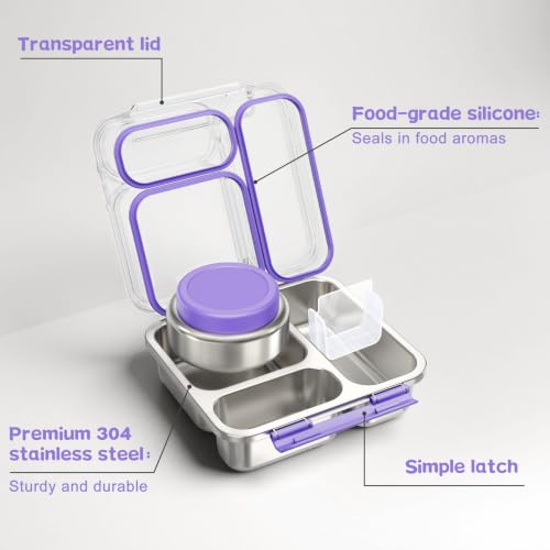 Pawtong Stainless Steel Bento Box Kids Adult with 7oz Insulated Food Jar, Transparent Lid Metal Lunch Box With Soup Thermal Jar, Lunch Box Container with Removable Divider & Sauce Cup School (Purple) - color: Purple