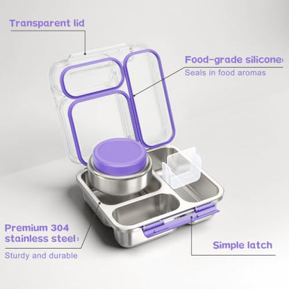 Pawtong Stainless Steel Bento Box Kids Adult with 7oz Insulated Food Jar, Transparent Lid Metal Lunch Box With Soup Thermal Jar, Lunch Box Container with Removable Divider & Sauce Cup School (Purple) - color: Purple