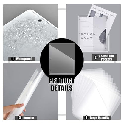 Seajan 24 Pcs Pocket Folders for 3 Ring Binder Clear Plastic Folders Sleeves with 2 Pockets 3 Hole Punch Binder Dividers Poly Slash File Jackets for Office School Document Organizer (White) - color: White
