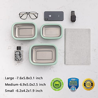 Lille Home Leak Proof Steel Food Containers - Snack Stainless Steel Containers - Ideal for Educational Settings & Daycare - Nesting Trio with Silicone Lids - 47oz+30oz+16oz - Dark Green - color: Dark Green