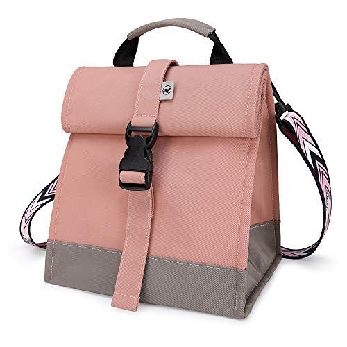 SUNNY BIRD Insulated Lunch Bag Rolltop Lunch Box (Pink with pink shoulder strap) - color: Pink with pink shoulder strap