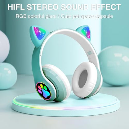 Cat Ear Bluetooth Kids Headphones, LED Lights, Foldable, Green | Wireless Bluetooth 5.0, foldable design, built-in mic & TF card slot, adjustable comfort, ideal for kids' learning & play. - color: Green