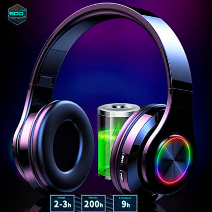 Kids Bluetooth Over Ear Headphones with Colorful LED Lights for Travel,Home | Built-in Mic, Bluetooth 5.0, Wired and Wireless Foldable Stereo Headphones for Classroom, Office, Tablet, Airplane - color: Black 2