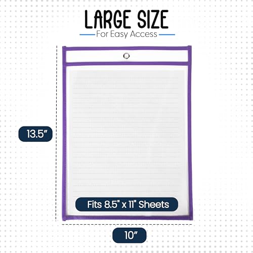 Essex Wares - 6 Pack, Purple, Dry Erase Pocket Document Protectors, 10" Wide x 13.5" Tall - Dry Erase Clear Plastic Sleeves - Reusable & Easy Erase Plastic Invoice Holders, Water-Resistant & Durable - color: Purple