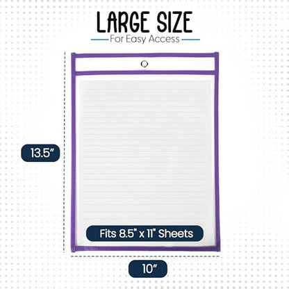 Essex Wares - 6 Pack, Purple, Dry Erase Pocket Document Protectors, 10" Wide x 13.5" Tall - Dry Erase Clear Plastic Sleeves - Reusable & Easy Erase Plastic Invoice Holders, Water-Resistant & Durable - color: Purple