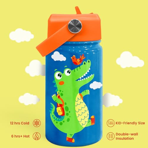 Crocodile Water Bottle - Kids Water Bottle with Straw Lid - 12 Oz Insulated Stainless Steel Water Bottles for Kid Boys - Travel Cup for School Sports - color: Crocodile
