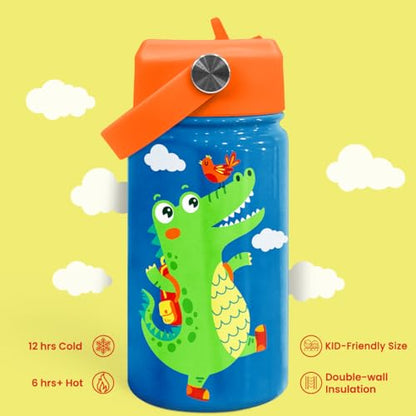 Crocodile Water Bottle - Kids Water Bottle with Straw Lid - 12 Oz Insulated Stainless Steel Water Bottles for Kid Boys - Travel Cup for School Sports - color: Crocodile