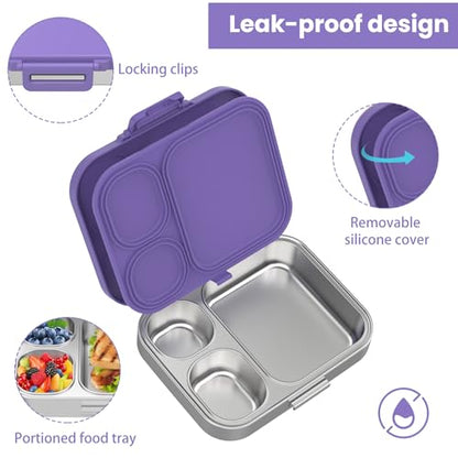 Pawtong Stainless Steel Bento Lunch Box for Kids | 3-Compartment Lunch Box Container Kids | 100% Leakproof, Eco-Friendly, Perfect Portion Control for Kids&Adult Healthy Meals (Purple) - color: Purple