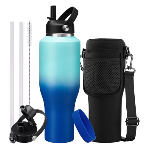 40oz Metal Water-Bottle with Straw - Fits Cup Holder, Insulated Water Bottles with Carrier Strap Bag & Boot, 40 oz Cup for Women & Men - color: Mint&Cobalt, size: 40 Ounces