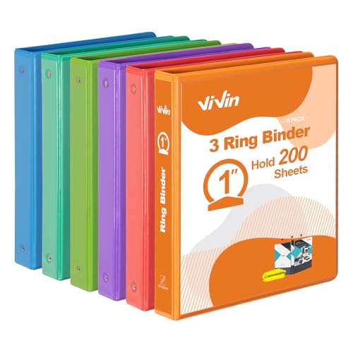 ViVin 1 Inch Round Ring View Binder for Durability, Standard 3 Ring Binder for 200 Sheets of US Letter Size Paper, PVC-Free, 6-Pack (Assorted) - color: Assorted, size: 1 Inch, style: 6 pack