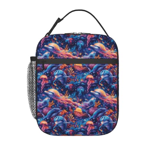 Colorful Ocean Dolphins Jellyfish Coral Reef Lunch Bag 10In | Insulated Lunch Box Reusable Tote Bag For Picnic Office For Women Men - color: Style 3