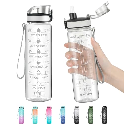 Enerbone Water Bottle, Leakproof BPA & Toxic Free, Motivational Water Bottle with Times to Drink and Straw, Fitness Sports Water Bottle with Strap for Office, Gym, Outdoor Sports - color: Crystal, size: 32 Ounces