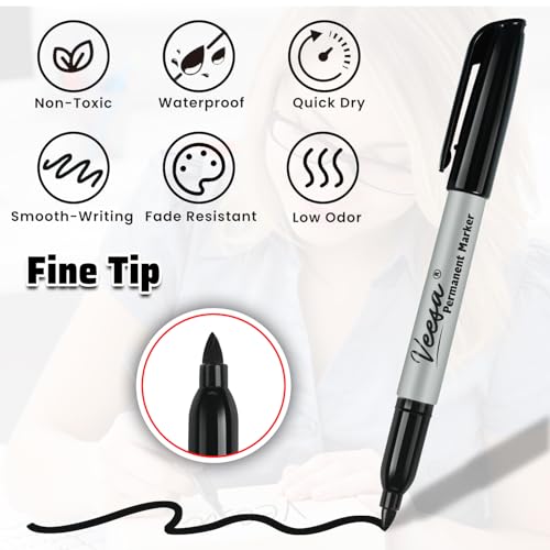 VEESA Black Permanent Markers Fine Tip, 75 Pack, German Ink | Quick Drying, Fade Resistant, Marks on Paper, Glass, Ceramic, Plastic, Wood, Rock, Metal - size: 1 Count (Pack of 75)