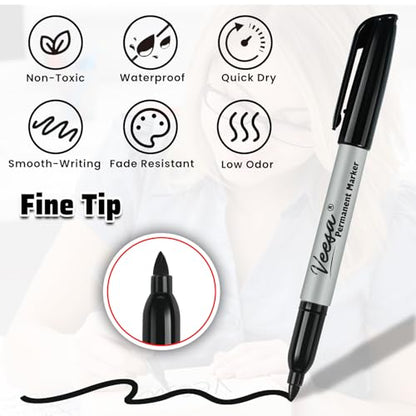 VEESA Black Permanent Markers Fine Tip, 75 Pack, German Ink | Quick Drying, Fade Resistant, Marks on Paper, Glass, Ceramic, Plastic, Wood, Rock, Metal - size: 1 Count (Pack of 75)