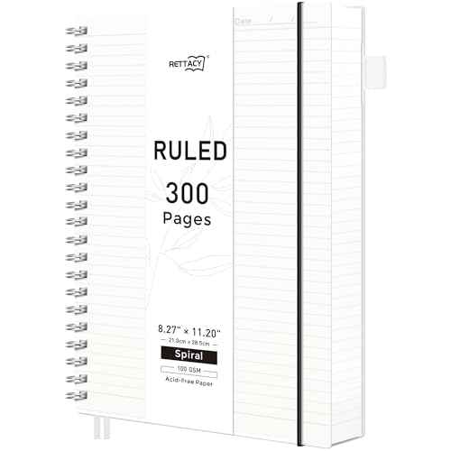 RETTACY Spiral College Ruled Notebook, 300 Pages, A4 Large Size (8.2" x 11.2"), for School, Work, Writing, Journaling, 100 GSM Thick Paper, Flexible Plastic Cover (Transparent) - color: Transparent, size: 8.2" x 11.2"