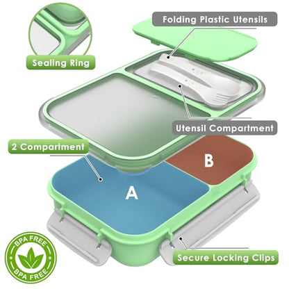 WHALEHOUSE Large Capacity Bento Lunch Box for Adult, 1600ML 2 Compartments Meal Prep Container with Utensil, Airtight Food Storage Container with Snap Locking Lids, Microwave/Dishwasher/Freezer Safe - color: 1600mL-Green