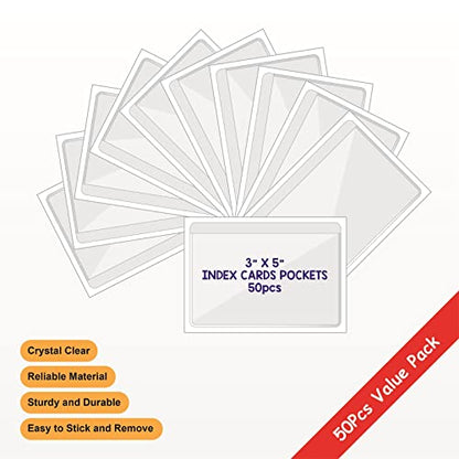 IMAGAME Clear Adhesive 3" x 5" Index Card Pockets, Labels Holders, 50 Pack | Top Open for Loading, Plastic Labels Holders, For Storage Bins and Library Card, Organizing and Protecting Cards, Photos - size: 3-5/8" x 5-1/4" for 3" x 5" Index Cards